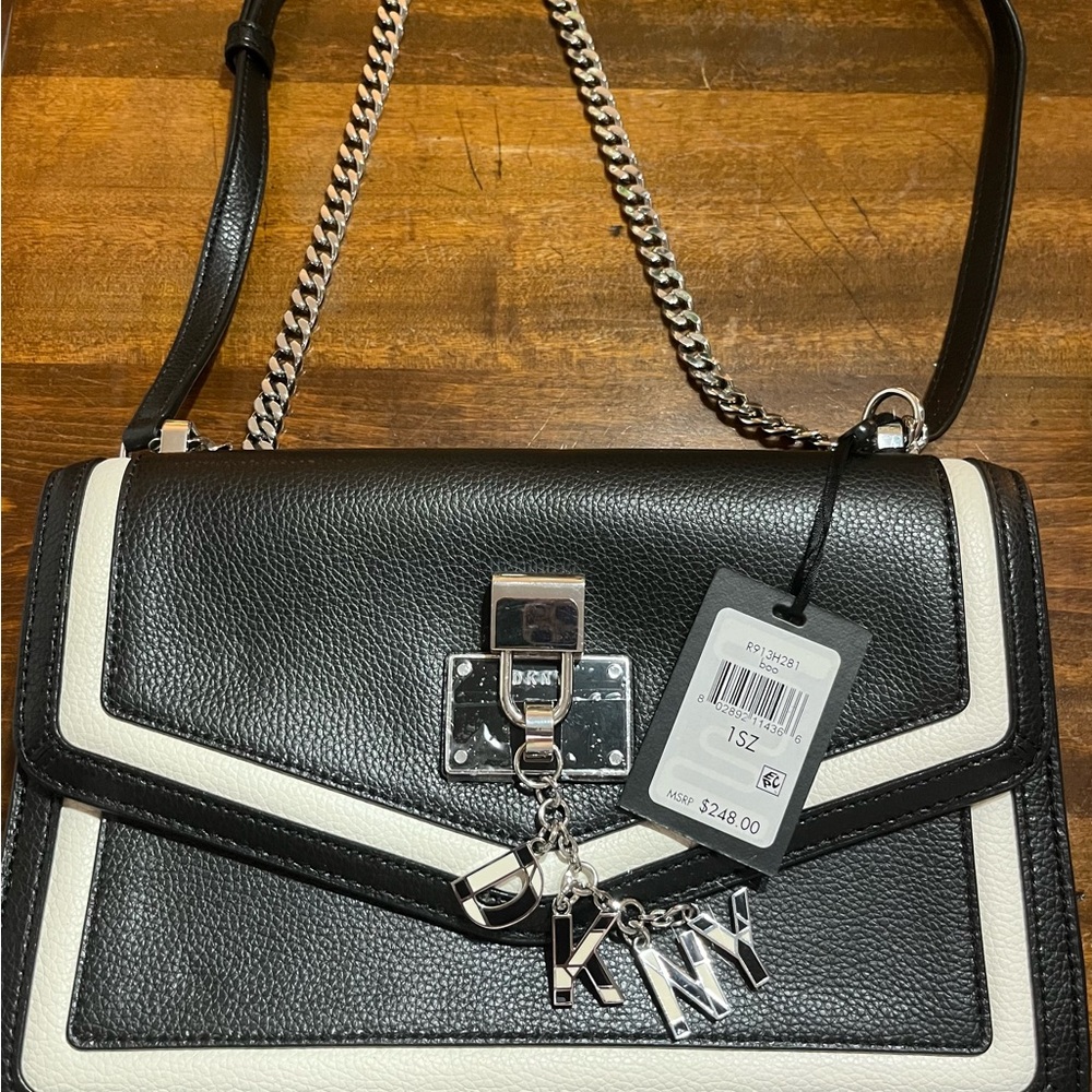 DKNYC Black and White Shoulder Bag with Silver Hardware